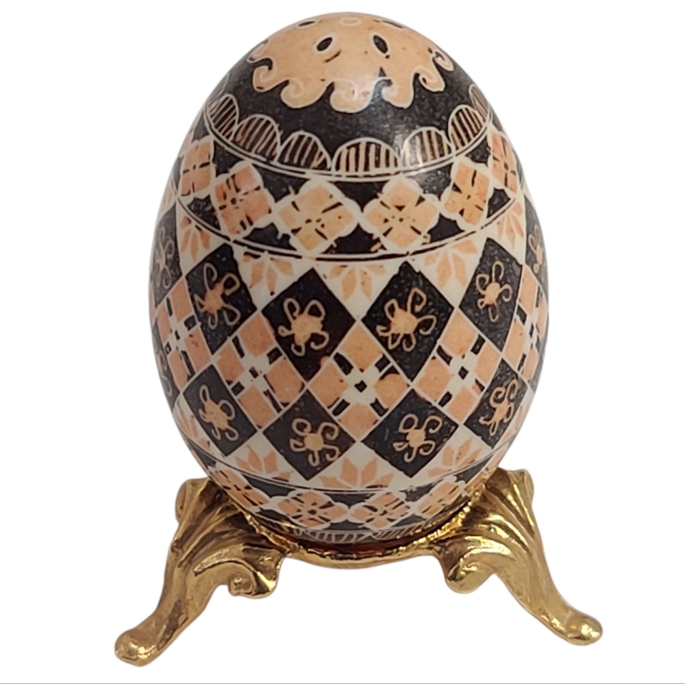 Decorative Real Egg Mosiac Painted with Brass Stand, Vintage